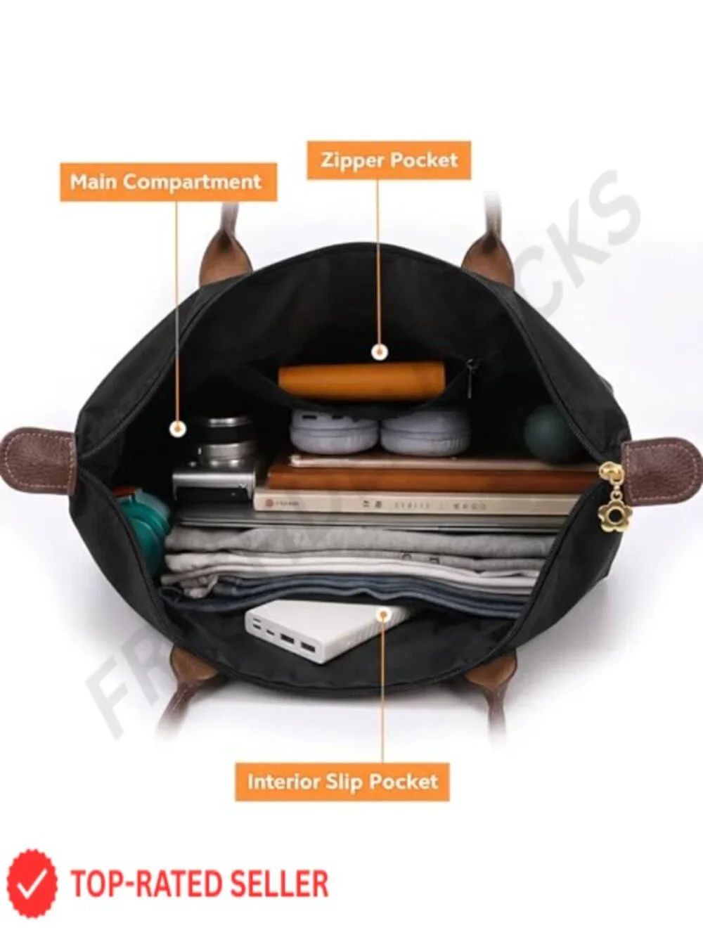 Foldable Nylon Tote Bag for Women with Zipper, Large Capacity Work Handbag